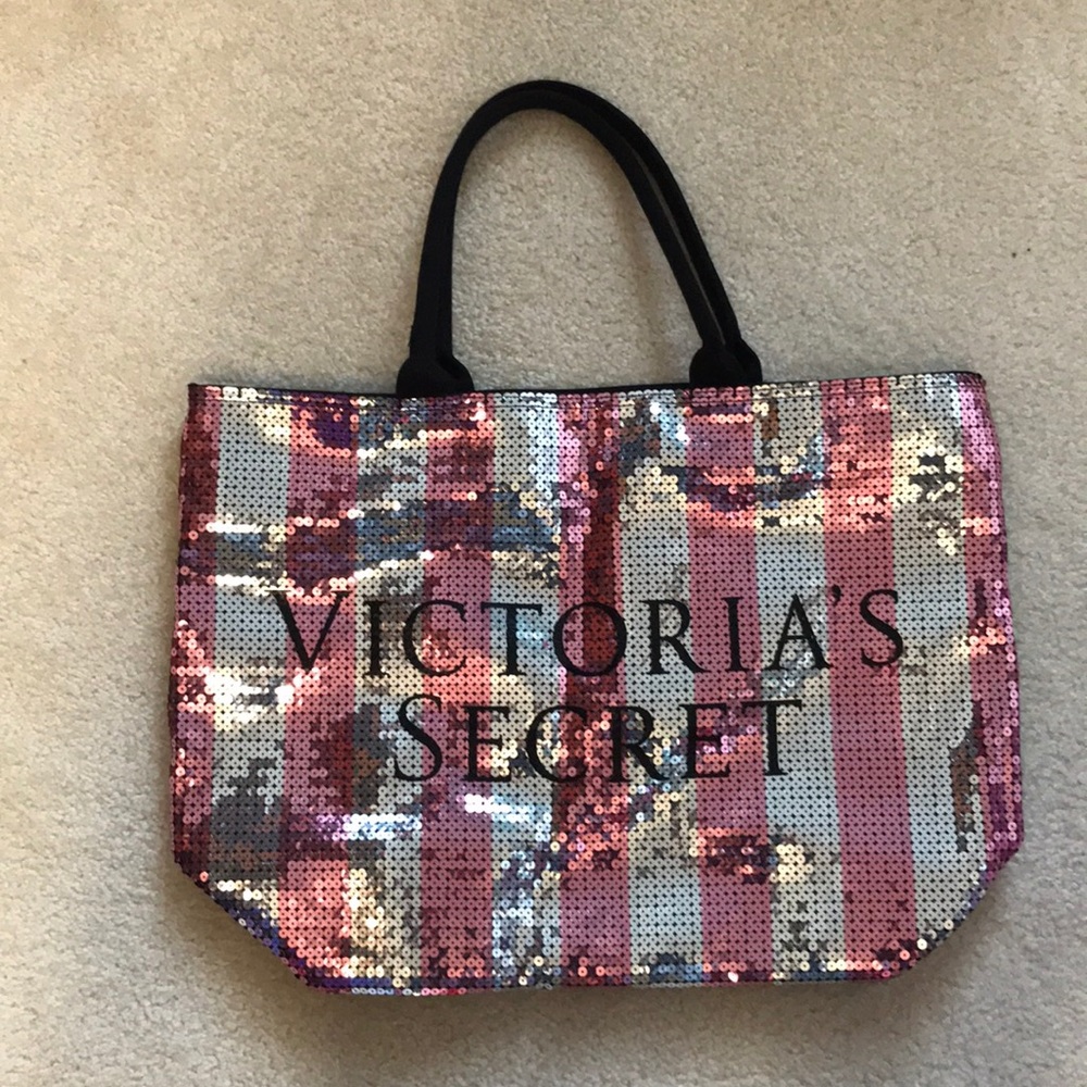 Victoria’s Secret sliver & pink stripe sequin tote